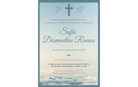 Décès de madame Sofia Desmoulins Ramos